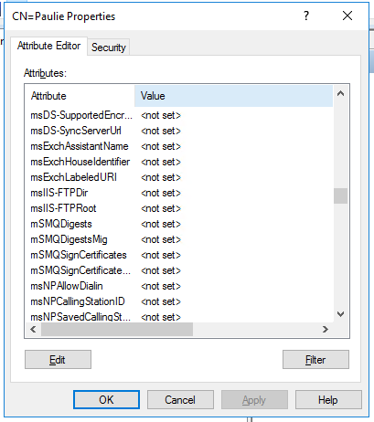 Image of ADSI Edit showing that the msExchHideFromAddressLists Active Directory property is missing